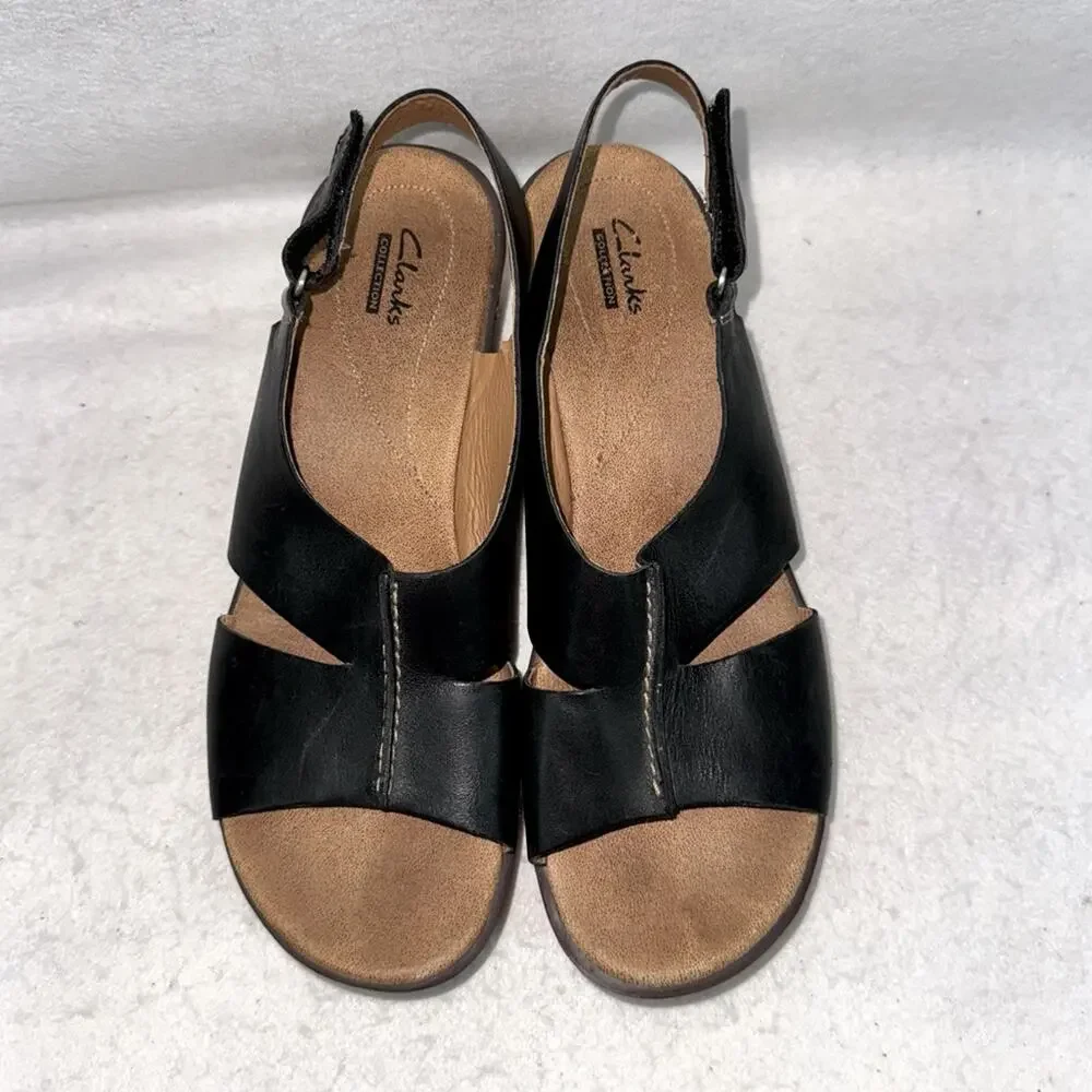EUC Women’s Clarks Leather & Cork Slingback Wedges size 9 Black *please read*